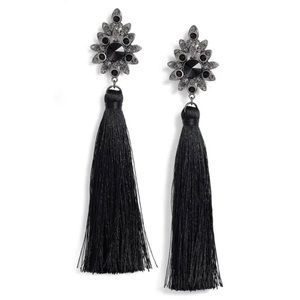Tasha Beaded Post Tassel Drop Black Earrings